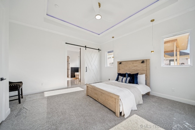 2357 E 134th Cir, Bixby, OK 74008 - bedroom featuring a barn door, carpet, and a raised ceiling