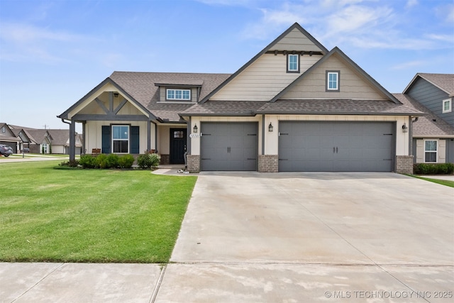 10101 S 232nd E Ave, Broken Arrow, OK 74014 - craftsman-style home with brick siding, roof with shingles, an attached garage, and a front lawn