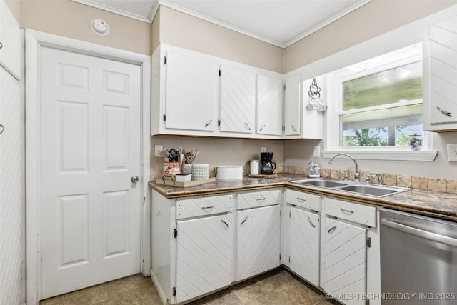 11200 E 112th St N, Owasso, OK 74055 - kitchen featuring dishwasher, a sink, ornamental molding, white cabinetry, and light tile patterned floors