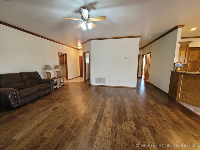 46 Acorn St, Eufaula, OK 74432 - living area featuring crown molding, a ceiling fan, and dark wood-style floors