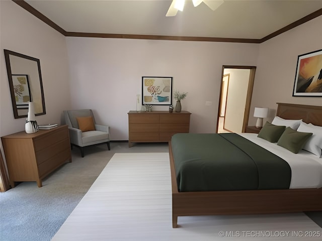46 Acorn St, Eufaula, OK 74432 - bedroom featuring ornamental molding, light carpet, and a ceiling fan