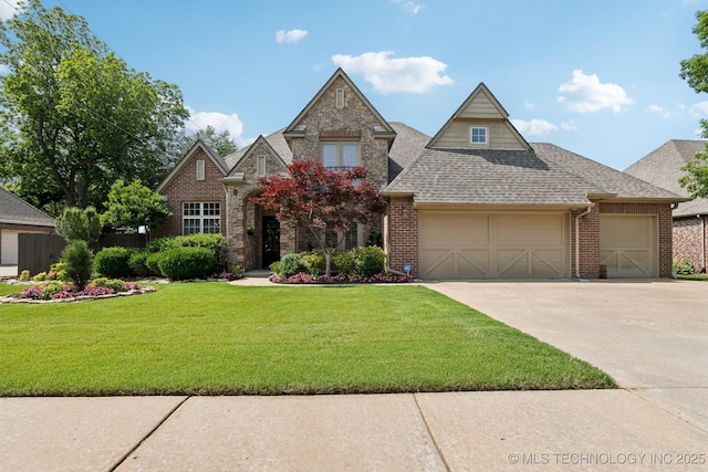 8906 E 110th St, Tulsa, OK 74133 - view of front of home featuring roof with shingles, a front lawn, concrete driveway, and brick siding