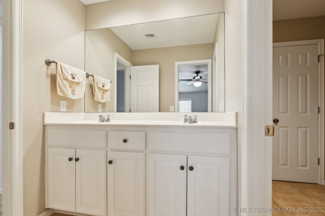 8906 E 110th St, Tulsa, OK 74133 - bathroom featuring double vanity and ceiling fan