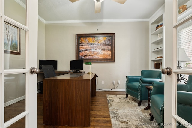 8906 E 110th St, Tulsa, OK 74133 - office space featuring dark wood-type flooring, ornamental molding, baseboards, and a ceiling fan