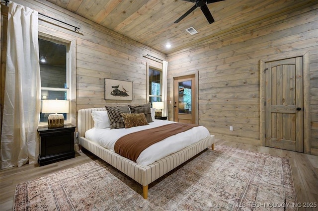 475 Bear Pine Trl, Broken Bow, OK 74728 - bedroom featuring wooden ceiling, hardwood / wood-style floors, and wood walls