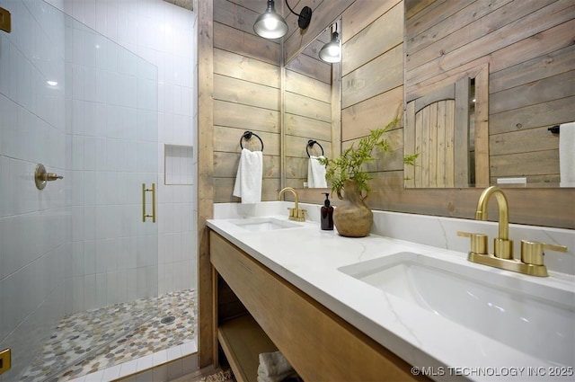 475 Bear Pine Trl, Broken Bow, OK 74728 - bathroom featuring double vanity, a shower stall, and wooden walls