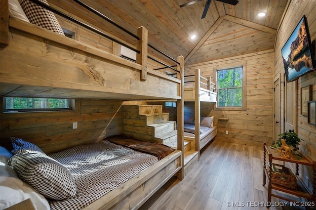 475 Bear Pine Trl, Broken Bow, OK 74728 - bedroom featuring wood walls, lofted ceiling, wood ceiling, hardwood / wood-style flooring, and recessed lighting