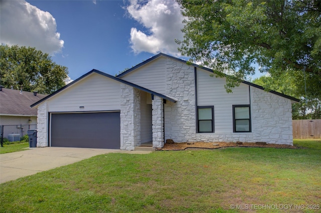 13866 S Nyssa Pl, Glenpool, OK 74033 - mid-century home featuring stone siding, a garage, driveway, and cooling unit