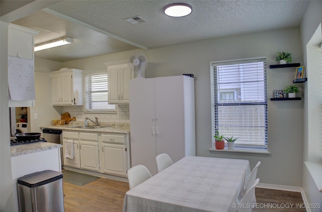 13866 S Nyssa Pl, Glenpool, OK 74033 - kitchen featuring a sink, light countertops, wood finished floors, a textured ceiling, and tasteful backsplash