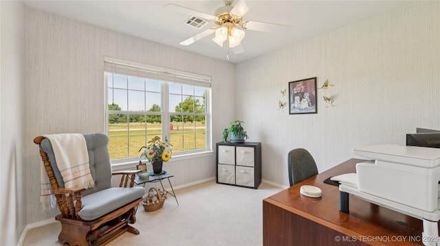 30955 S 4240th Rd, Inola, OK 74036 - carpeted home office with a ceiling fan, wallpapered walls, and baseboards
