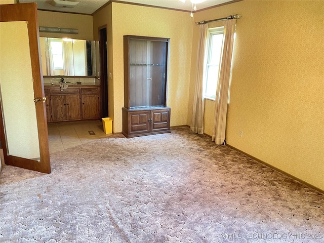 116800 S 4300th Rd, Porum, OK 74455 - unfurnished bedroom with carpet floors, baseboards, ornamental molding, ensuite bathroom, and a sink