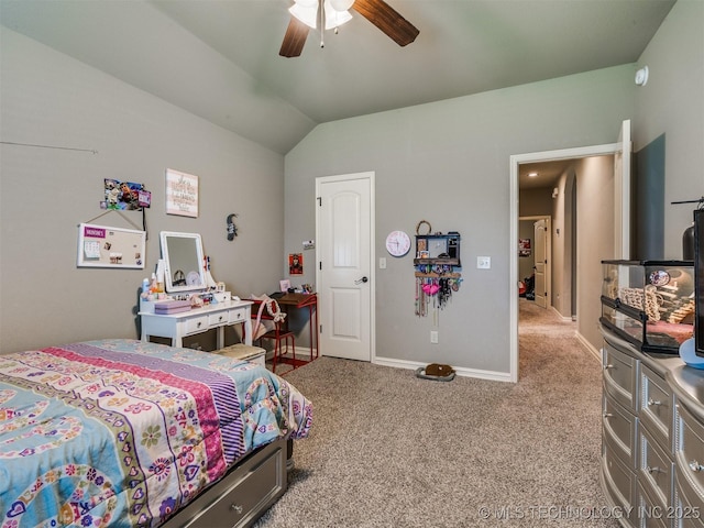 18210 E 49th St, Tulsa, OK 74134 - bedroom featuring carpet floors, vaulted ceiling, baseboards, and a ceiling fan