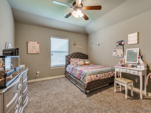 18210 E 49th St, Tulsa, OK 74134 - carpeted bedroom featuring ceiling fan, baseboards, and vaulted ceiling