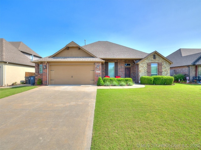 18210 E 49th St, Tulsa, OK 74134 - view of front of house with a garage, concrete driveway, a front lawn, and brick siding