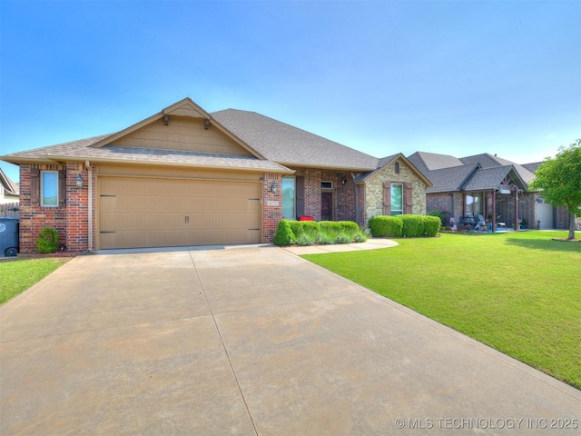 18210 E 49th St, Tulsa, OK 74134 - view of front facade featuring an attached garage, driveway, brick siding, a front yard, and roof with shingles