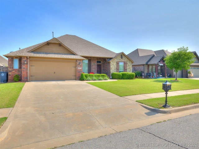 18210 E 49th St, Tulsa, OK 74134 - view of front facade with an attached garage, brick siding, a front yard, driveway, and roof with shingles