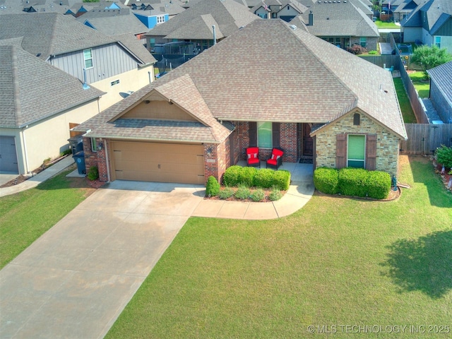 18210 E 49th St, Tulsa, OK 74134 - view of front of house with a shingled roof, an attached garage, brick siding, driveway, and a residential view