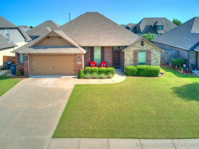18210 E 49th St, Tulsa, OK 74134 - view of front facade with a garage, a front yard, roof with shingles, concrete driveway, and brick siding