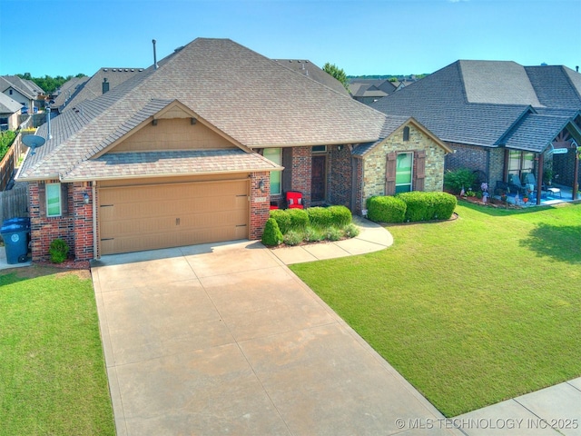 18210 E 49th St, Tulsa, OK 74134 - view of front of house featuring a shingled roof, an attached garage, brick siding, and a front yard
