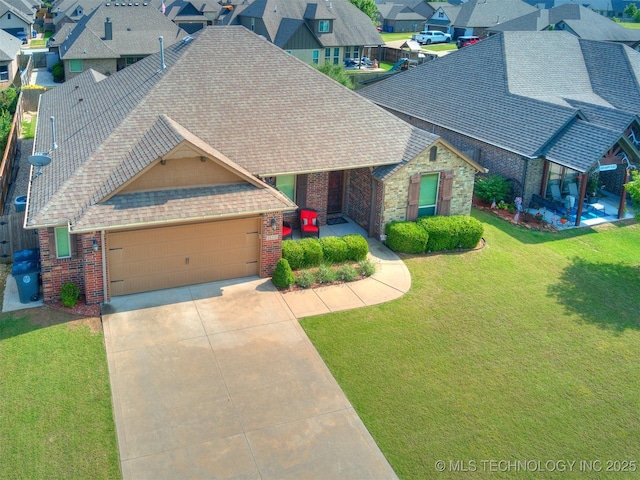 18210 E 49th St, Tulsa, OK 74134 - view of front of house with a shingled roof, an attached garage, a residential view, driveway, and brick siding