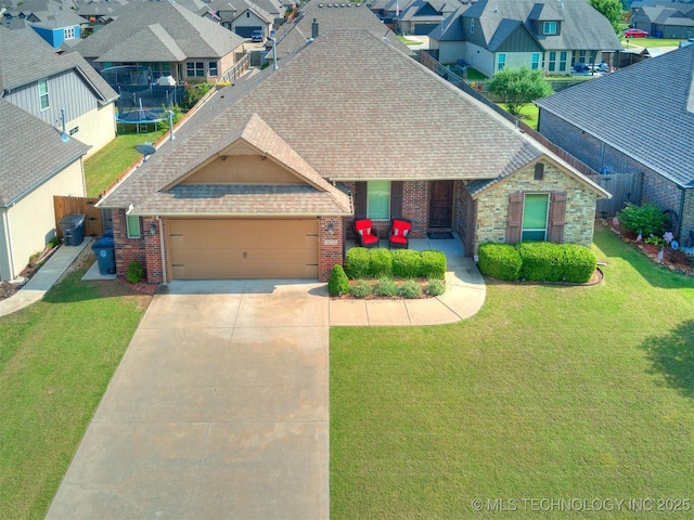 18210 E 49th St, Tulsa, OK 74134 - view of front facade with a shingled roof, a residential view, brick siding, a garage, and concrete driveway