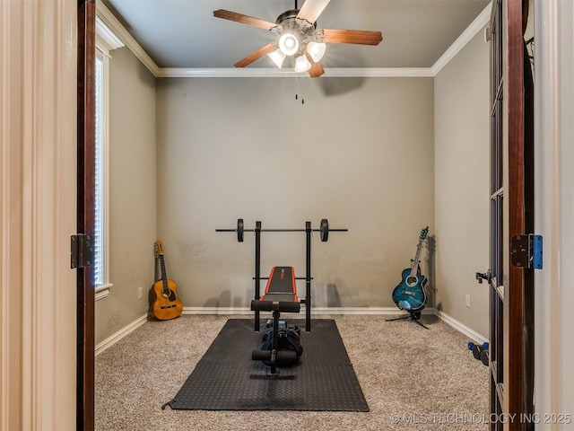 18210 E 49th St, Tulsa, OK 74134 - exercise area featuring carpet floors, crown molding, ceiling fan, and baseboards