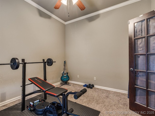 18210 E 49th St, Tulsa, OK 74134 - exercise room featuring carpet, a ceiling fan, ornamental molding, and baseboards