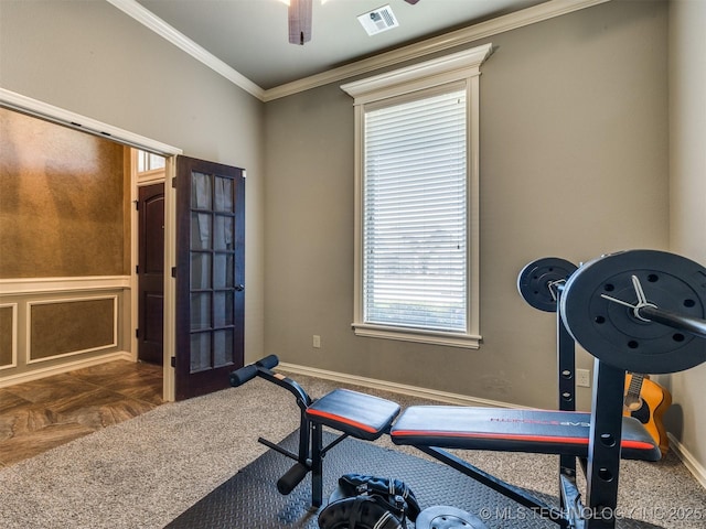 18210 E 49th St, Tulsa, OK 74134 - exercise area featuring crown molding, a ceiling fan, and baseboards