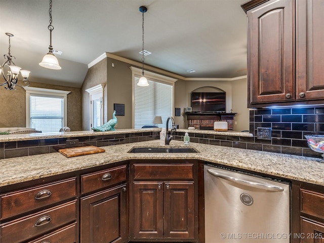 18210 E 49th St, Tulsa, OK 74134 - kitchen featuring dishwasher, a sink, crown molding, dark brown cabinets, and light stone countertops