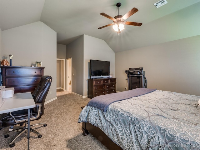 18210 E 49th St, Tulsa, OK 74134 - carpeted bedroom featuring vaulted ceiling, baseboards, a ceiling fan, and a desk