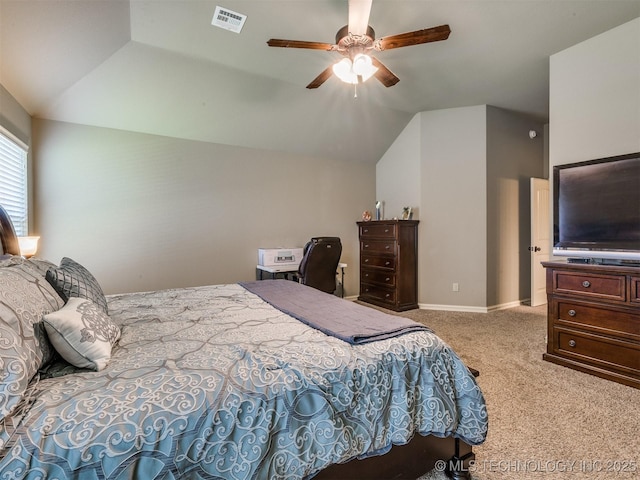 18210 E 49th St, Tulsa, OK 74134 - carpeted bedroom featuring vaulted ceiling, baseboards, and ceiling fan