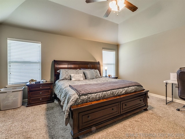 18210 E 49th St, Tulsa, OK 74134 - bedroom with light colored carpet, baseboards, vaulted ceiling, and a ceiling fan