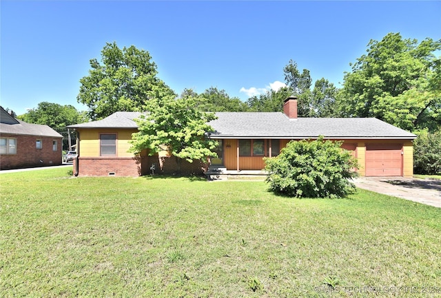 464 S Allegheny Ave, Tulsa, OK 74112 - single story home with a garage, a front yard, a chimney, and driveway
