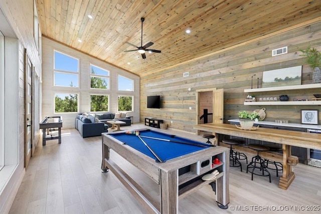 62 Hickory Canyon Trl, Broken Bow, OK 74728 - rec room with billiards table, wood ceiling, high vaulted ceiling, wood walls, and light wood-type flooring
