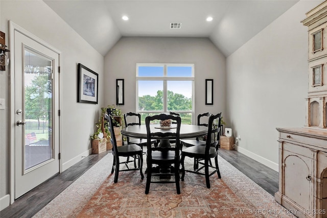 8617 E Hartford St, Broken Arrow, OK 74014 - dining room featuring baseboards, vaulted ceiling, wood finished floors, and recessed lighting