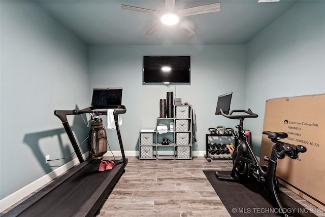 8617 E Hartford St, Broken Arrow, OK 74014 - exercise room featuring wood finished floors, ceiling fan, and baseboards