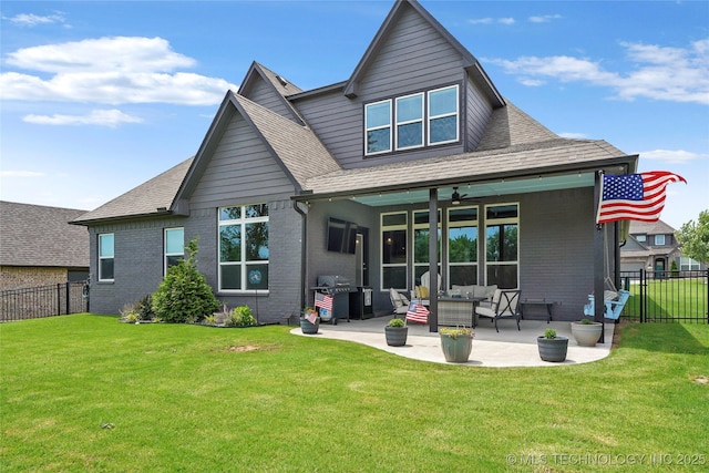 8617 E Hartford St, Broken Arrow, OK 74014 - rear view of house featuring brick siding, a ceiling fan, a patio, a shingled roof, and an outdoor hangout area