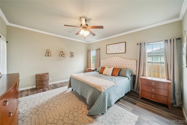 2704 W Imperial St, Broken Arrow, OK 74011 - bedroom featuring wood finished floors, multiple windows, crown molding, baseboards, and a ceiling fan