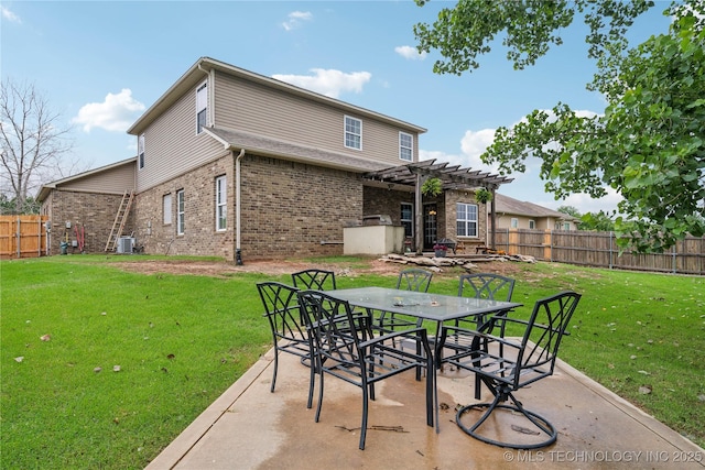 2704 W Imperial St, Broken Arrow, OK 74011 - rear view of house featuring a pergola, brick siding, a patio, outdoor dining area, and central AC