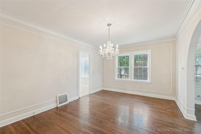 1648 S Evanston Ave, Tulsa, OK 74104 - unfurnished room with arched walkways, wood finished floors, crown molding, a chandelier, and baseboards