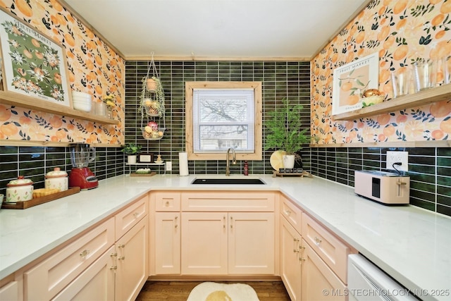 1610 S Ash Ave, Broken Arrow, OK 74012 - kitchen with a sink, tasteful backsplash, white dishwasher, light countertops, and crown molding