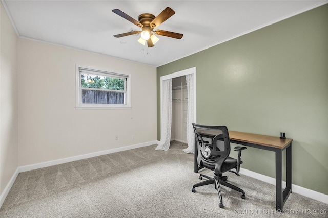 4023 E 36th St S, Tulsa, OK 74135 - home office with carpet floors, ornamental molding, and a ceiling fan