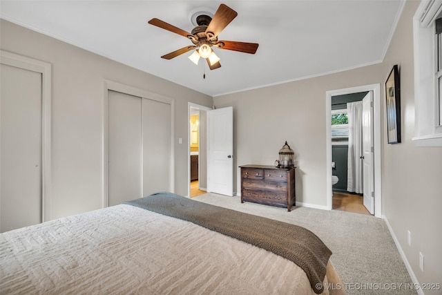 4023 E 36th St S, Tulsa, OK 74135 - bedroom featuring light colored carpet, crown molding, ensuite bathroom, and ceiling fan