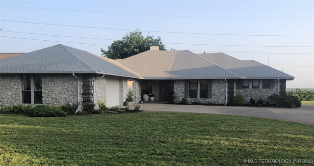 18820 Ridge Rd, Catoosa, OK 74015 - view of front of home featuring stone siding, a garage, a front lawn, driveway, and a chimney