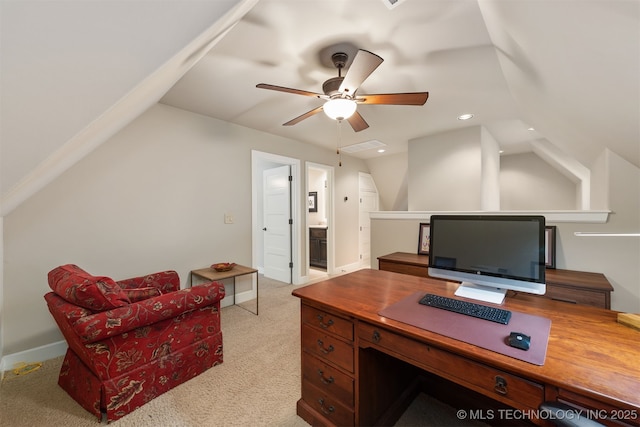 1336 E 35th Pl, Tulsa, OK 74105 - office featuring lofted ceiling, a ceiling fan, carpet floors, baseboards, and recessed lighting