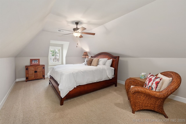 1336 E 35th Pl, Tulsa, OK 74105 - bedroom featuring light carpet, lofted ceiling, baseboards, and ceiling fan