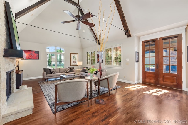 1336 E 35th Pl, Tulsa, OK 74105 - living room featuring high vaulted ceiling, baseboards, french doors, ceiling fan, and beamed ceiling