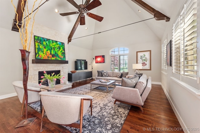 1336 E 35th Pl, Tulsa, OK 74105 - living room featuring high vaulted ceiling, wood finished floors, a fireplace, baseboards, and a ceiling fan