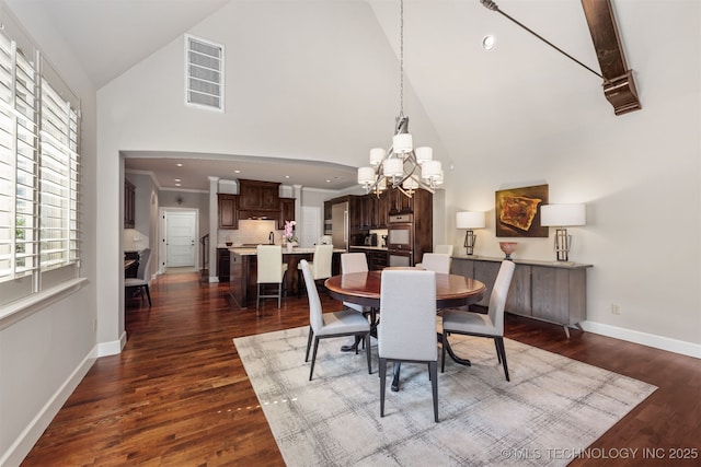 1336 E 35th Pl, Tulsa, OK 74105 - dining area with high vaulted ceiling, a chandelier, baseboards, dark wood-style floors, and recessed lighting