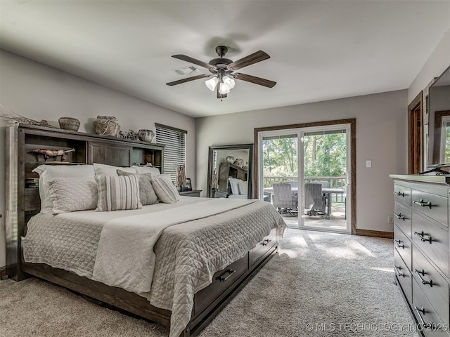 32188 E 738th Rd, Wagoner, OK 74467 - bedroom with access to outside, light carpet, baseboards, and ceiling fan